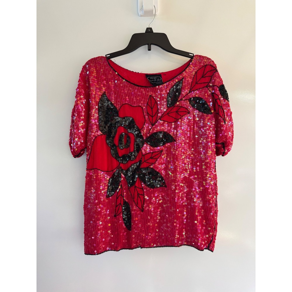 Jean for Joseph Le Bon Red Silk Sequin Beaded Floral Top Short Sleeve Vintage L